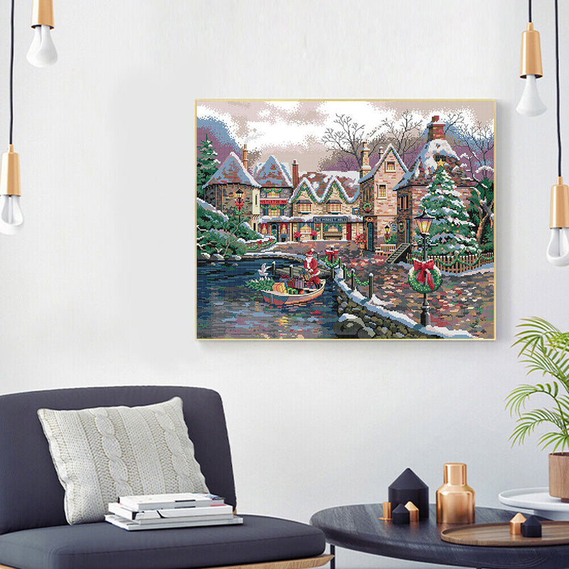 14CT Printed Partial Embroidery Christmas Town Needlework DIY Cross Stitch