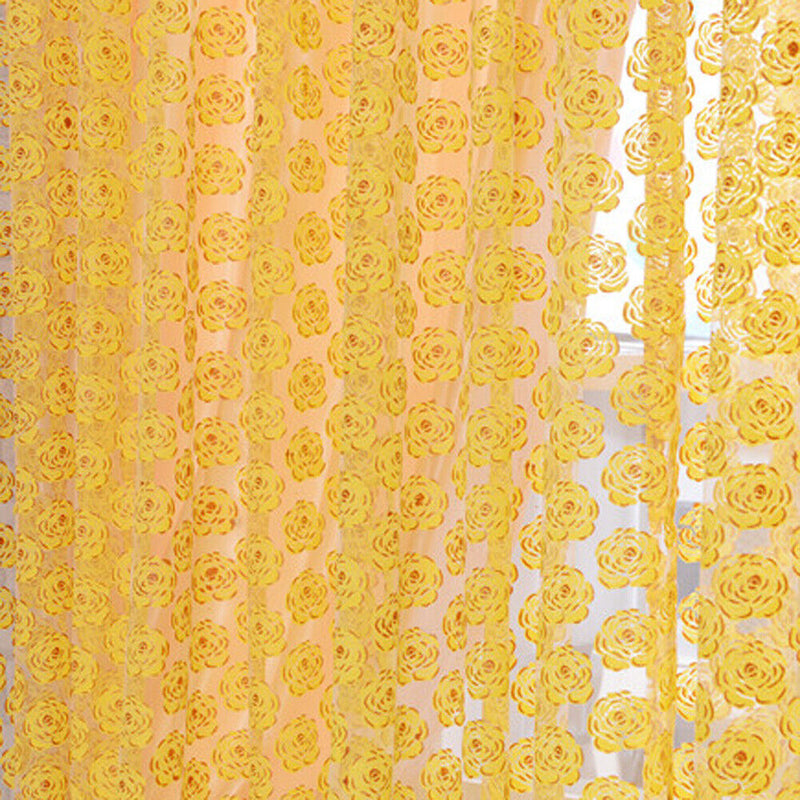 Balcony Window Curtain Rose Pattern Sheer Voile Tulle Valances Yellow
