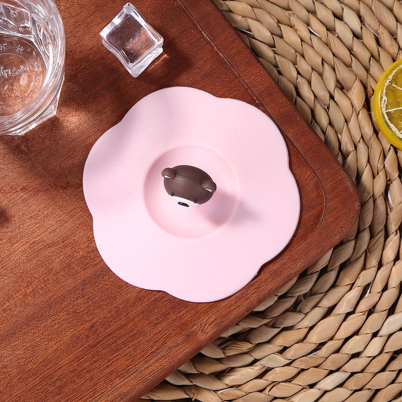5pcs Silicone Cup Cover Heat-resistant Leak Proof Cartoon Lid (Pink Bear)