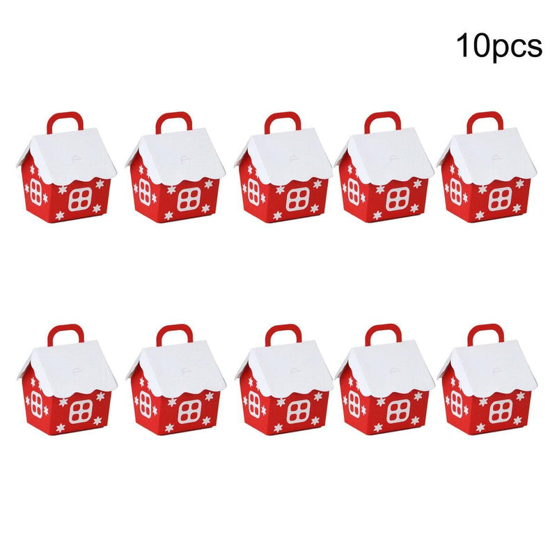 10Pcs/Set Red Christmas Candy Box House Shape Papers Cookie Packing Containers#
