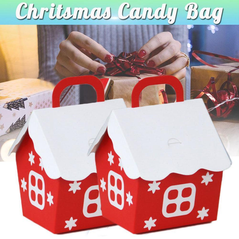 10Pcs/Set Red Christmas Candy Box House Shape Papers Cookie Packing Containers#