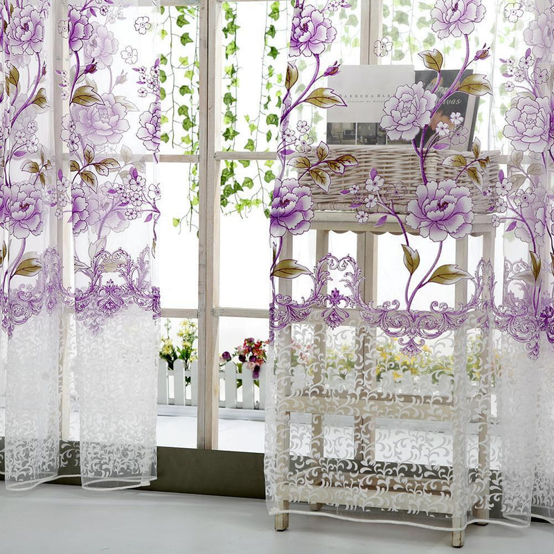 2PCS Peony Curtain Living Room Bedroom Home Door Window Curtain (Purple)