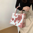 Women Leather Plush Print Handbag Winter Retro Large Capacity Tote Shopping Bags