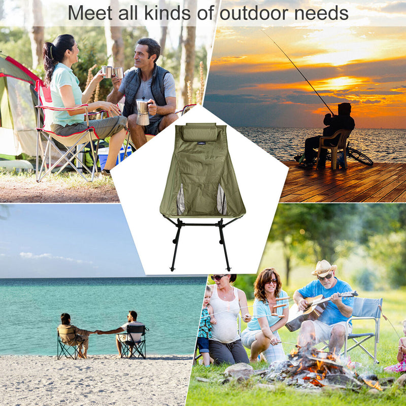 High Back Folding Camping Chair & Removable Pillow Moon Chair (Army Green)