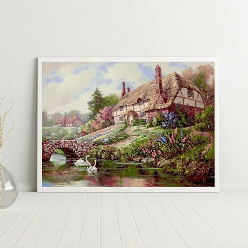 Frameless Oil Paint By Numbers Cottage Country DIY Canvas Picture Craft Kit