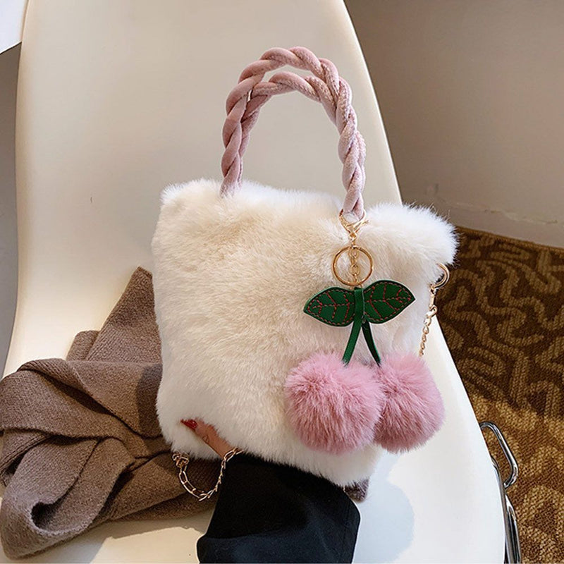 Women Soft Plush Cute Female Totes Handbags Cherry Bags Shopping Bags