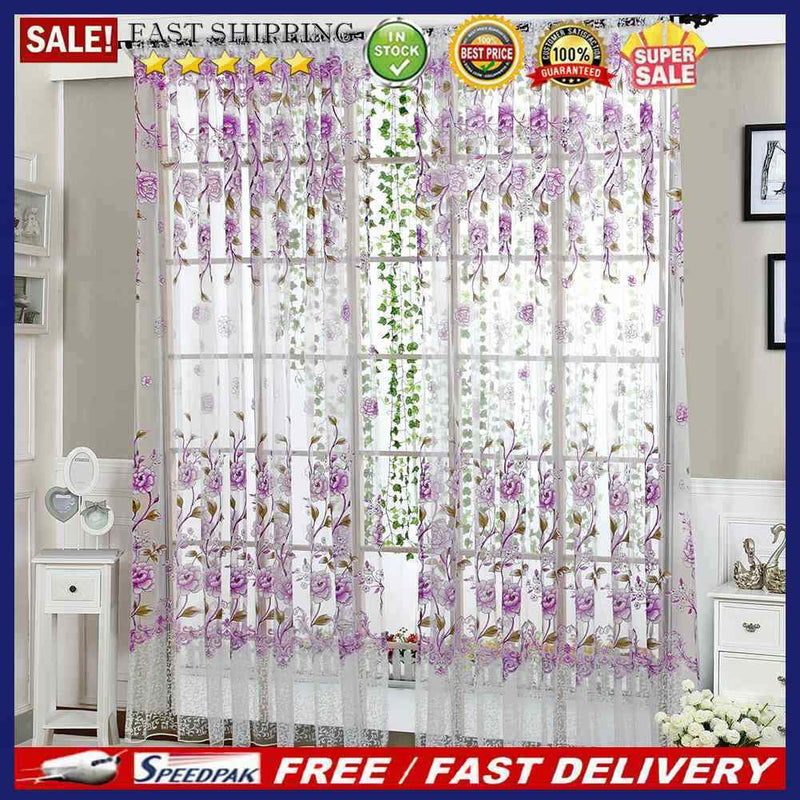 2PCS Peony Curtain Living Room Bedroom Home Door Window Curtain (Purple)