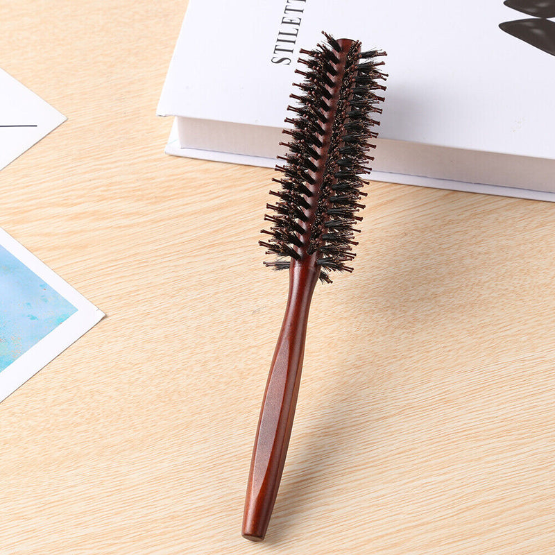 Wooden Handle Curling Hair Comb Boar Bristle Round Hairbrush Hairdressing T