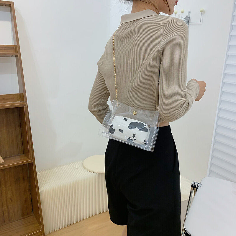 #A 2pcs Transparent PVC Shoulder Bags Women Print Clear Chain Messenger Handba