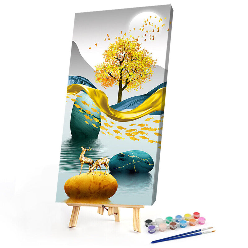 Golden Deer on Water Oil Paint By Numbers Kit DIY Acrylic Painting on Canvas Set