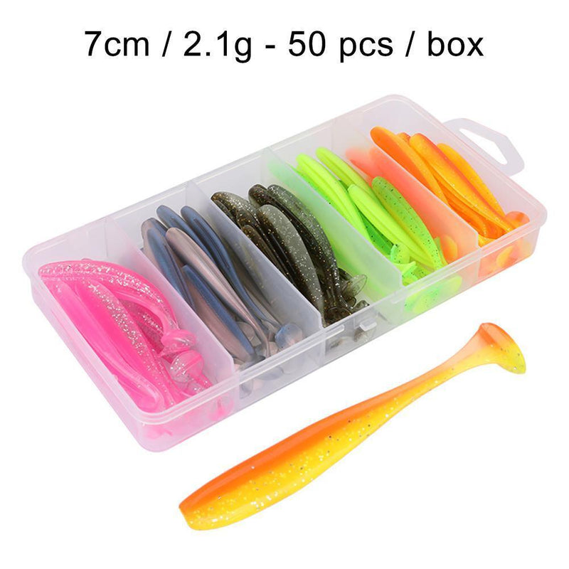 50pcs T Tail Soft Lures Artificial Fishing Bait for Freshwater (7cm 2.1g)