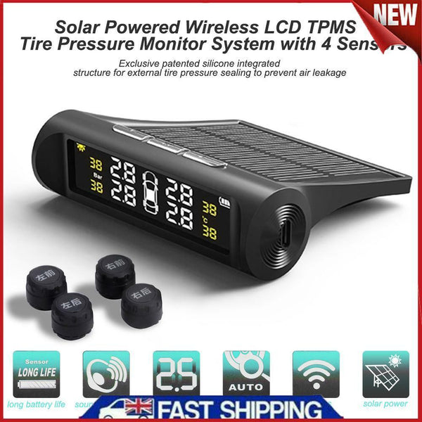 Solar Car TPMS LCD Auto Tire Tyre Pressure Monitoring System w/4 External Sensor