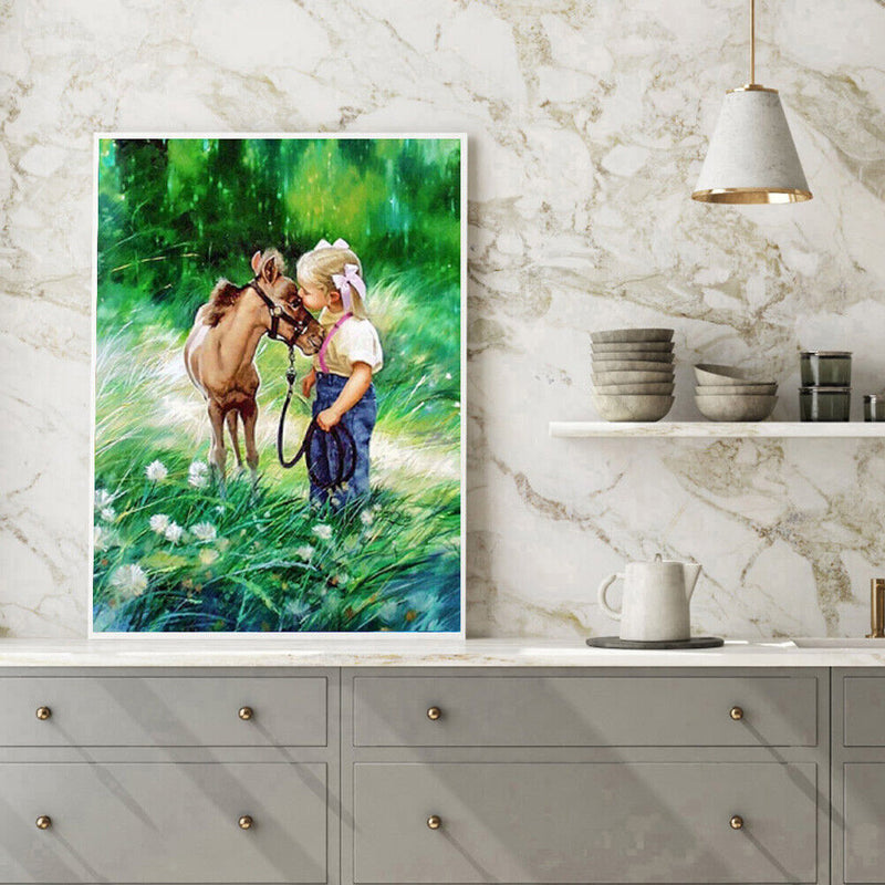 5D Round Diamond Painting Cross Stitch Donkey and Girl Full Drill Home Decor