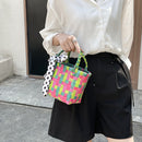 Handmade Woven Plaid Basket Tote Women Silk Scarf Small Handbag (Green)