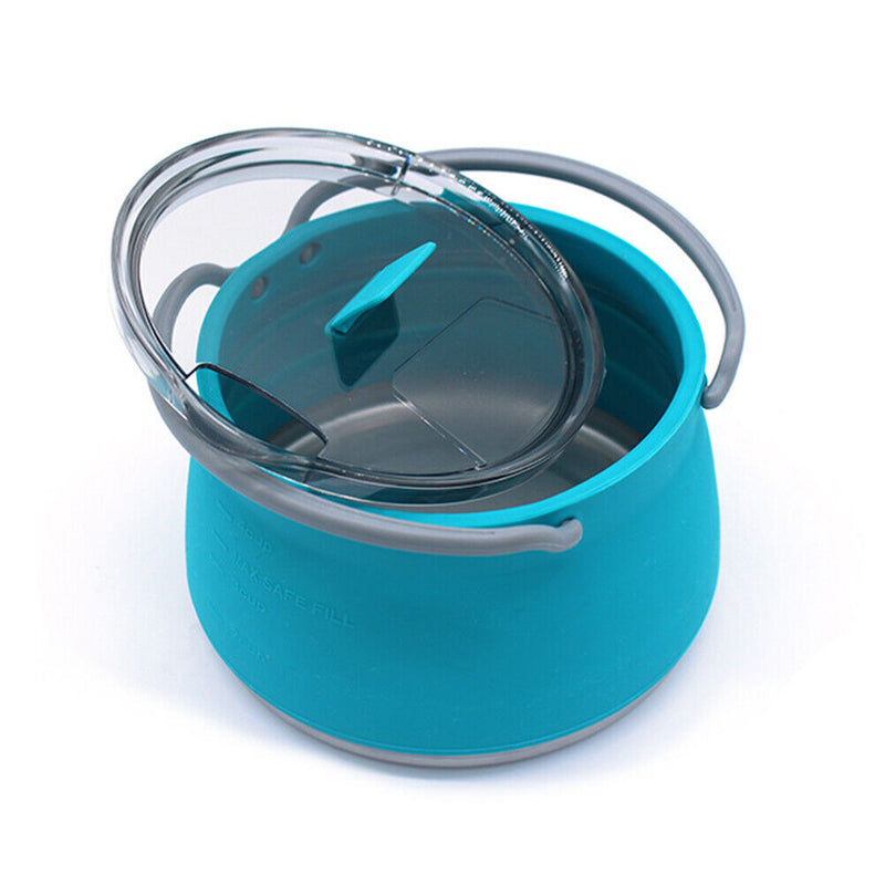 Outdoor Folding Silicone Kettle Portable Mini Boiling Pot w/ Handle (Blue) Newly