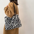Women Fashion Zebra Stripes Cow Print Shoulder Bags Winter Plush Shopping Bag