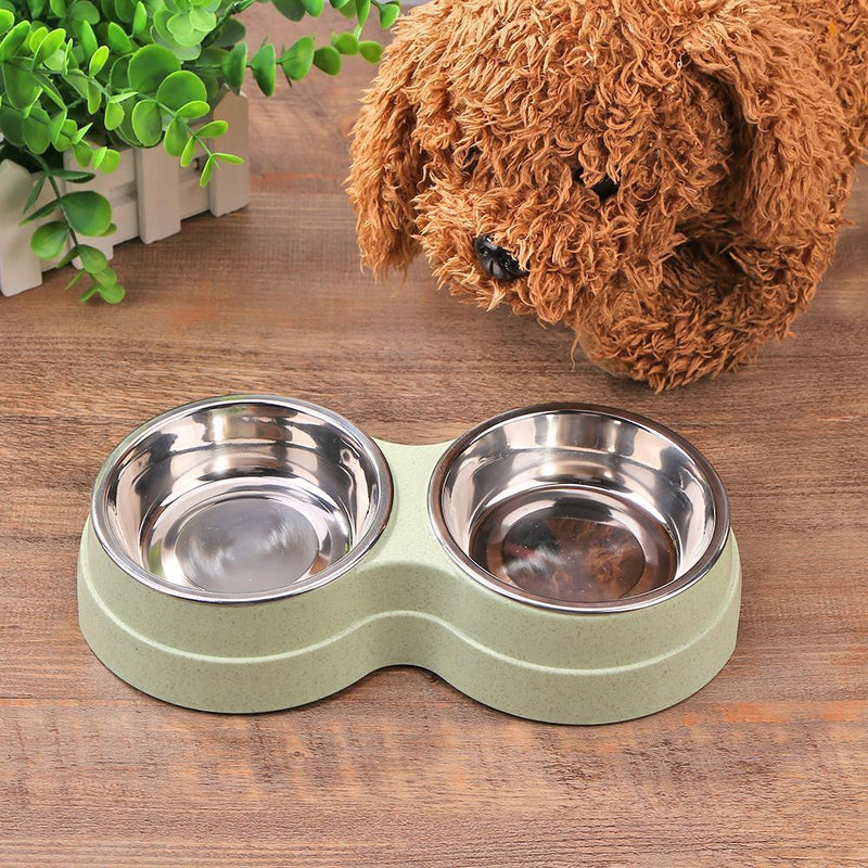 Dog Double Bowl Puppy Food Feeder Stainless Steel Pet Drinking Dish (Green)