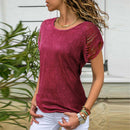 Women Print T-shirts Summer O Neck Short Sleeve Hollow Tops (Wine Red 2XL)