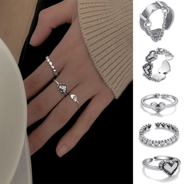 Women Girls Hollow Out Ring Hand Decoration Heart Shape Open Ring Adjustable