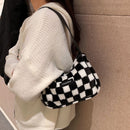Women Retro Checker Print Shoulder Bag Autumn Winter Casual Plush Small Handbags