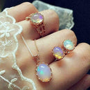 Women Moonstone Ring+Stud Earrings+Necklace Pendant Chain F5X3 Set Jewelry N0H1