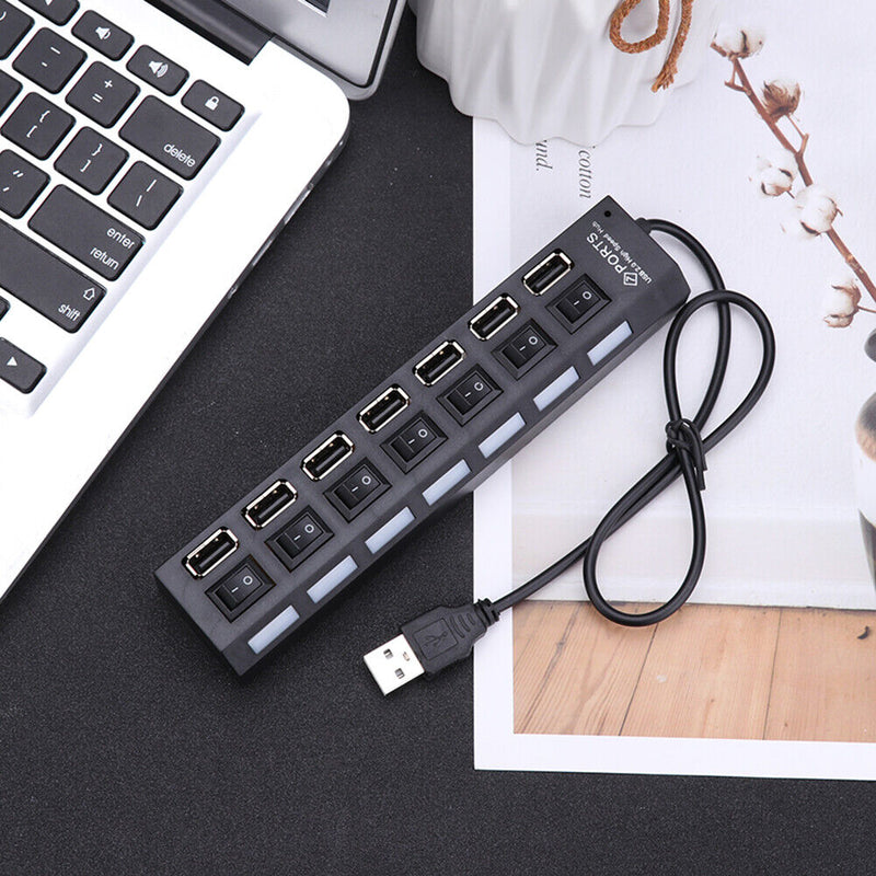 7 Ports High Speed USB 2.0 Hub Splitter w/ON/OFF Switch for Laptop (Black)