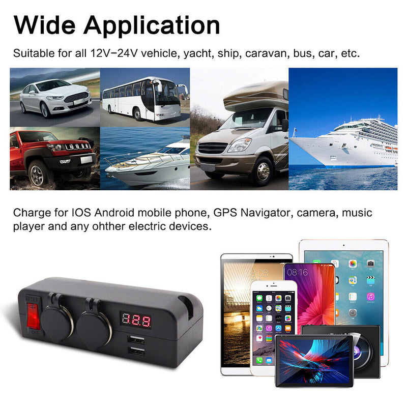 Cigarette Lighter Socket USB Car Charger Voltmeter with Rocker Switch+Wire Newly