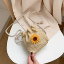 Sunflower Drawstring Bag Women Straw Woven Beach Crossbody Shoulder Handbags