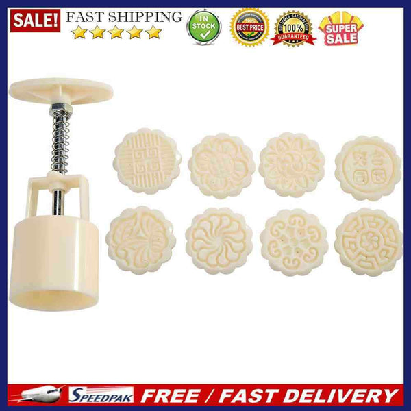 9pcs Round Ice Mooncake Mold Hand Press Pastry Cakes Mould DIY Kitchen Bake