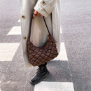 Women Solid Color Zipper Shoulder Bag Grid Pattern Mini Shopping Underarm Bag