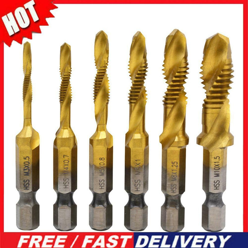 6pcs M3-M10 Hex Shank Titanium Plated HSS Screw Thread Metric Tap Drill Bit