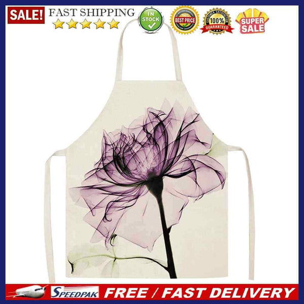 Kitchen Linen Apron Purple Flower Print Home Cooking Baking Bibs Accessories