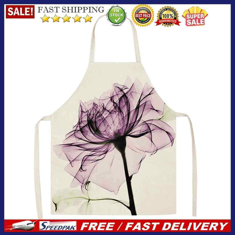 Kitchen Linen Apron Purple Flower Print Home Cooking Baking Bibs Accessories