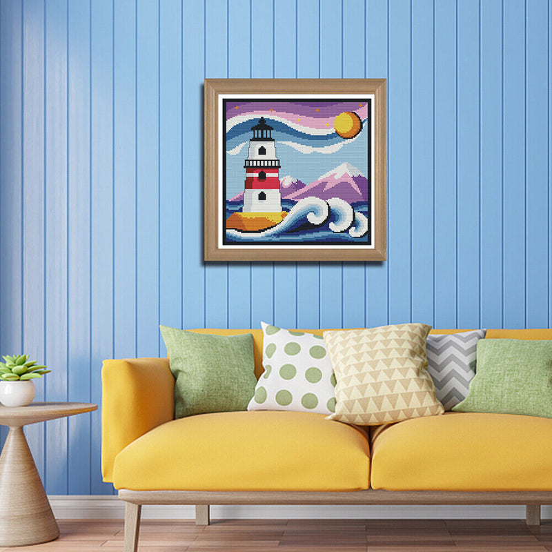2 Beaches Full Embroidery Cartoon Lighthouse Printed Cross Stitch Art Home Decor