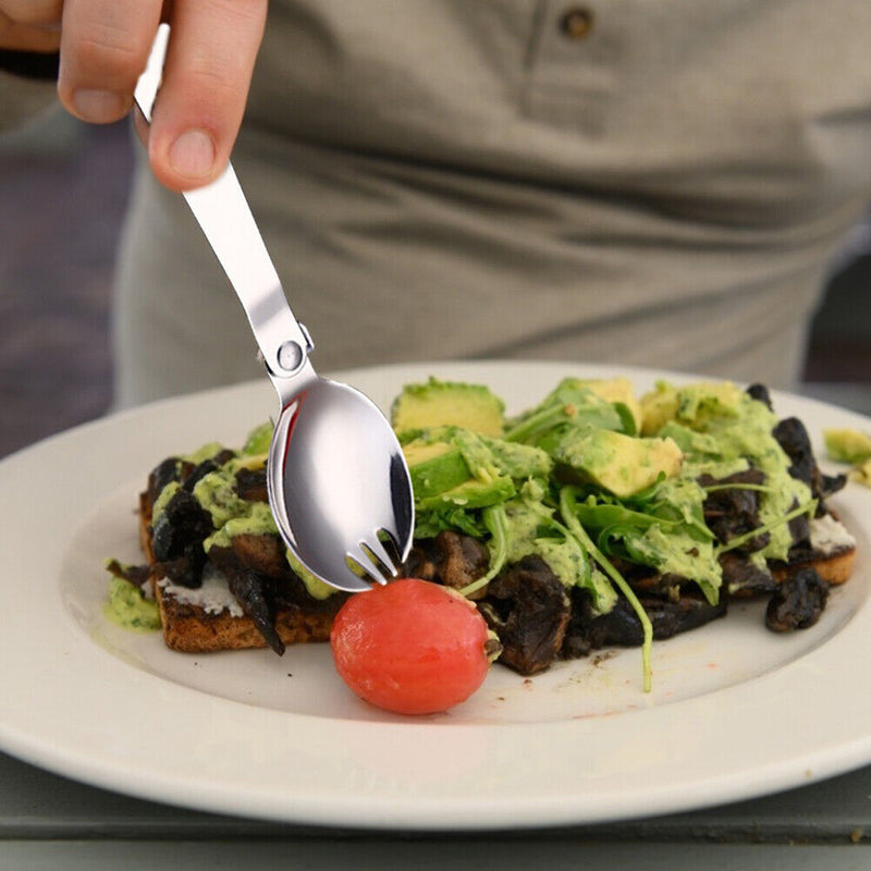 Camp Stainless Steel Folding Pocket Spoon Spork Outdoor Picnic Tableware Spoo