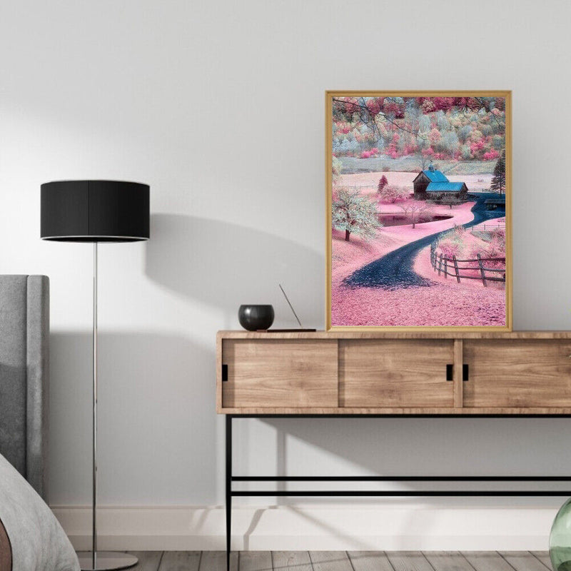 Pink Village Frameless Picture Oil Paint By Numbers Hand Painted Picture Kit
