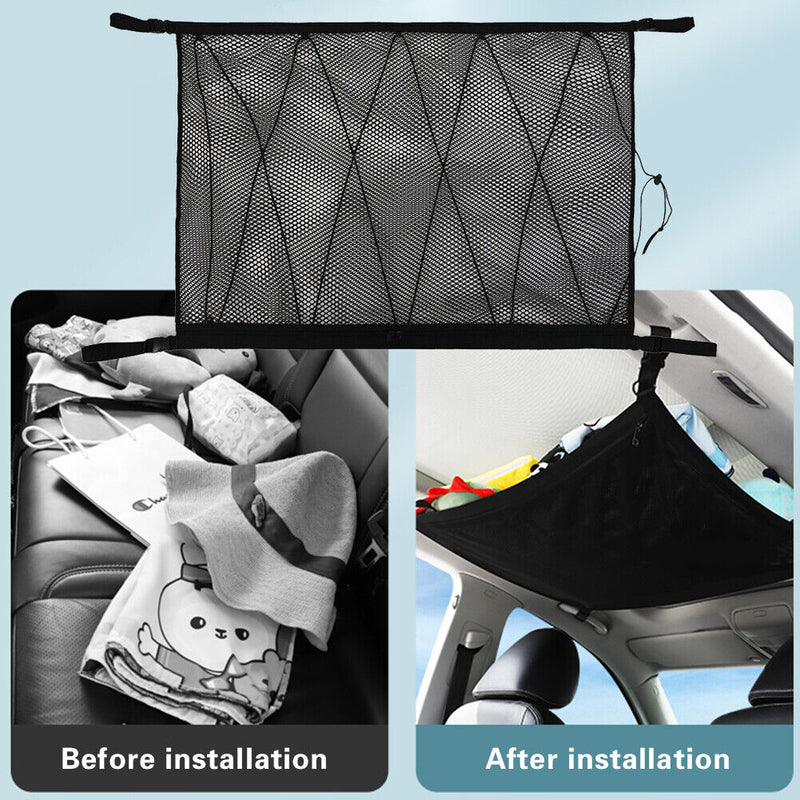 Adjustable Car Ceiling Grab Handle Storage Net Bag Drawstring Sundries Organizer