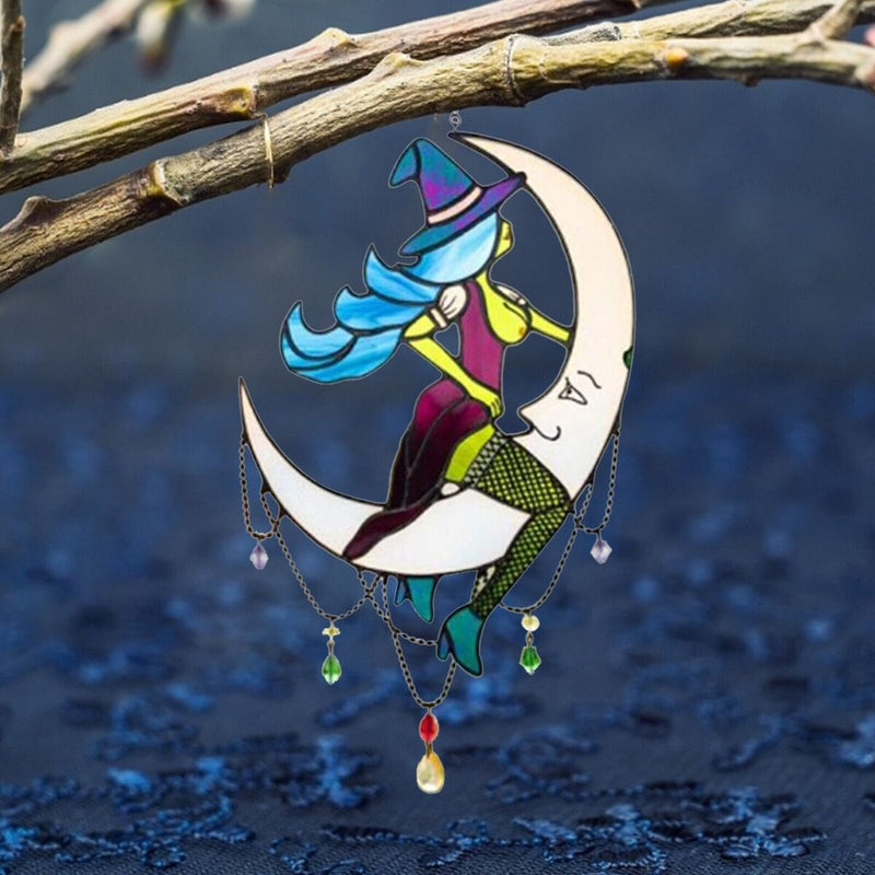 Stained Glass Halloween Witch On Moon Suncatcher Window Hangings Art Decoration