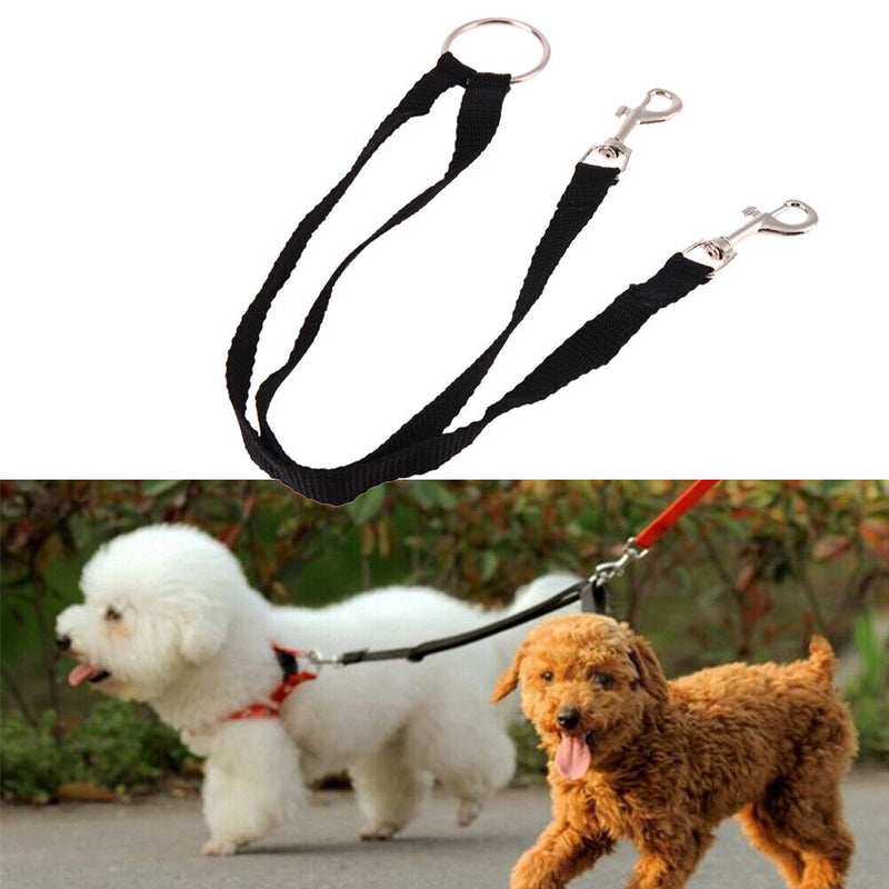 Nylon Double Dual Two Pets Dogs Leash 2 Way Coupler Walk Necklace(Black)