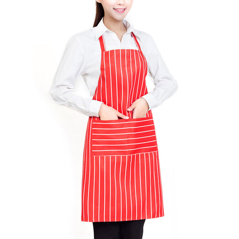 Plain Stripe Kitchen Apron with Front Pocket Chefs Cooking Baking (Red)