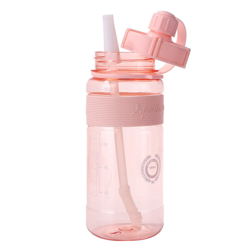 Portable Women Summer Gym Water Bottle Straw Large Capacity (Pink 1000ml) Newly