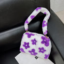 Fashion Flower Print Shoulder Bag Women Winter Plush Small Handbag (Purple)