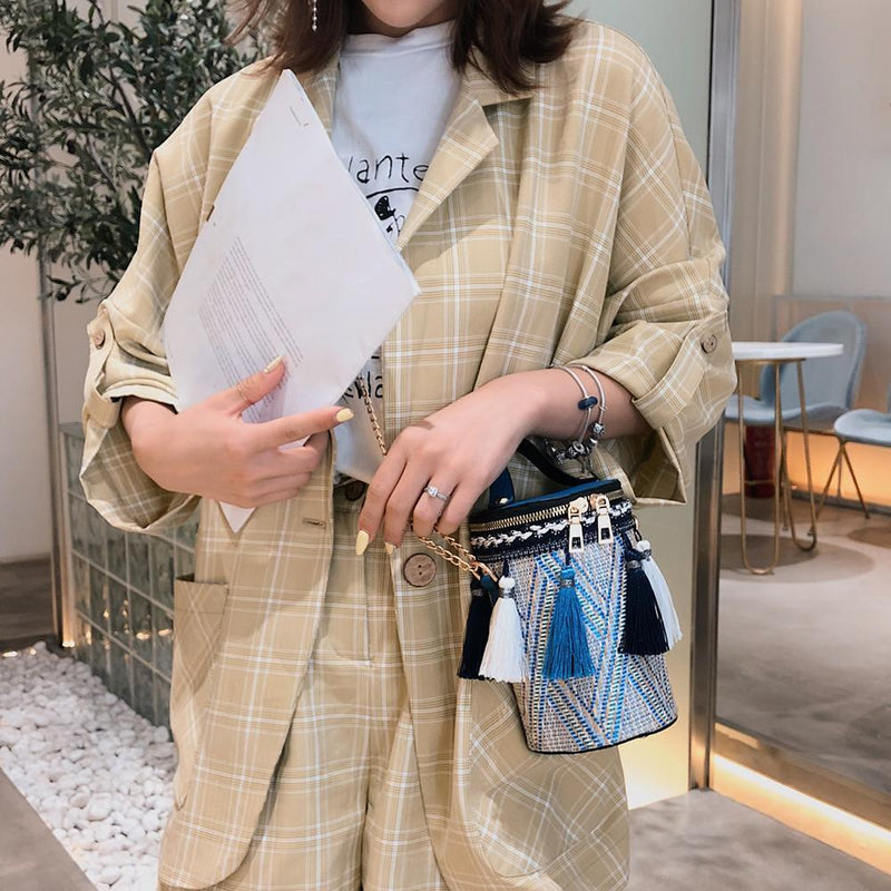 Tassel Shoulder Handbags Leather Weaving Ethnic Women Small Crossbody Bucket Bag