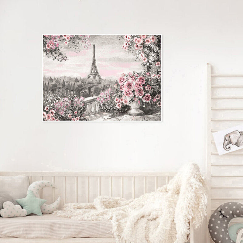 DIY Paint By Number Kit Iron Tower Pink Flowers No Frame Home Decoration