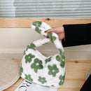 Women Plush Fur Flower Pattern Top-handle Bag Winter Small Casual Handbag