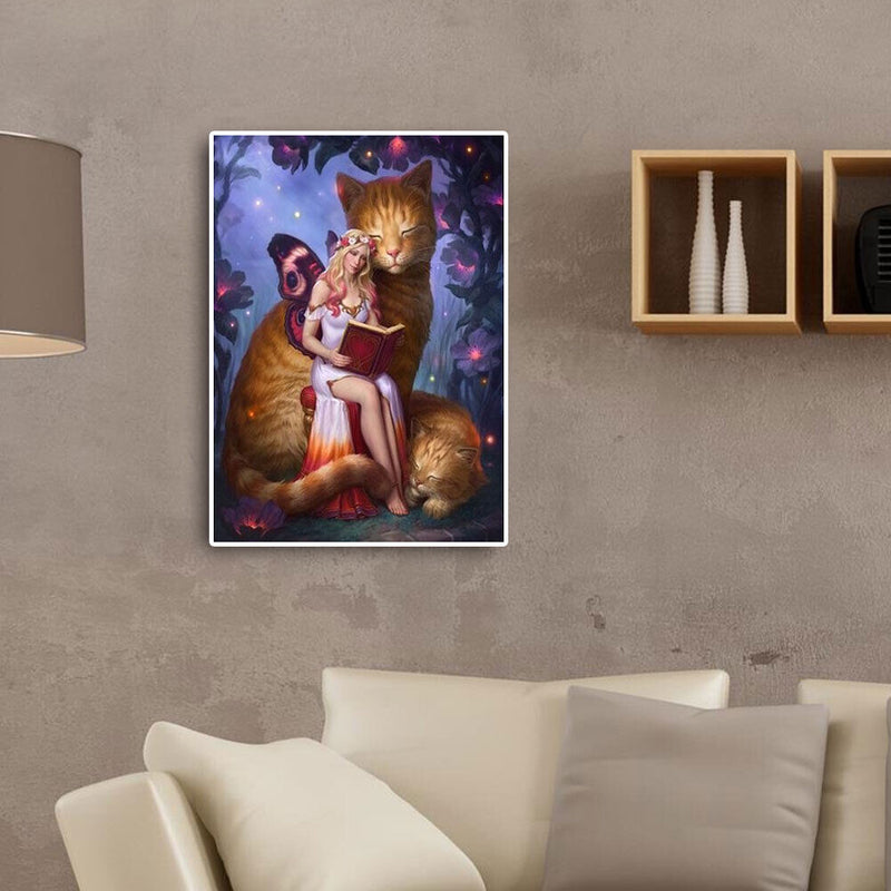 Butterfly Girl and Cat Oil Paint By Numbers DIY Handpainted on Canvas Wall Ar