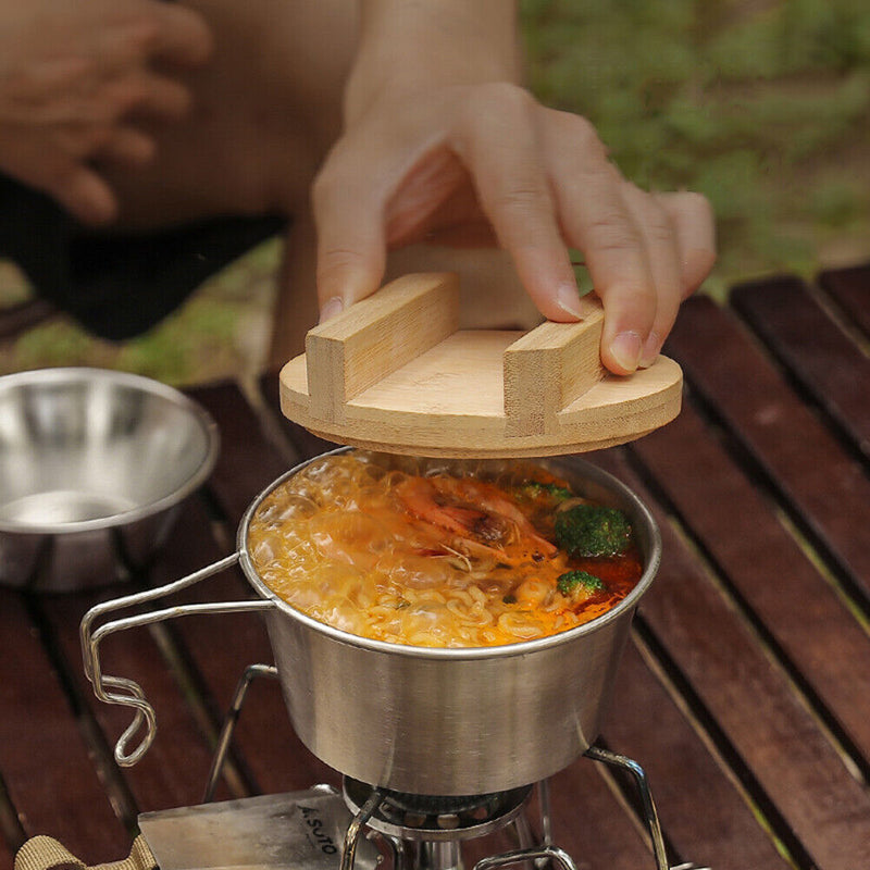 Bamboo Wood Camping Sierra Cup Bowl Cover with Handle for Outdoor BBQ Hiking