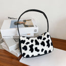Women Plush Shoulder Underarm Bag Cow Print Fashion Winter Handbag Tote (1)