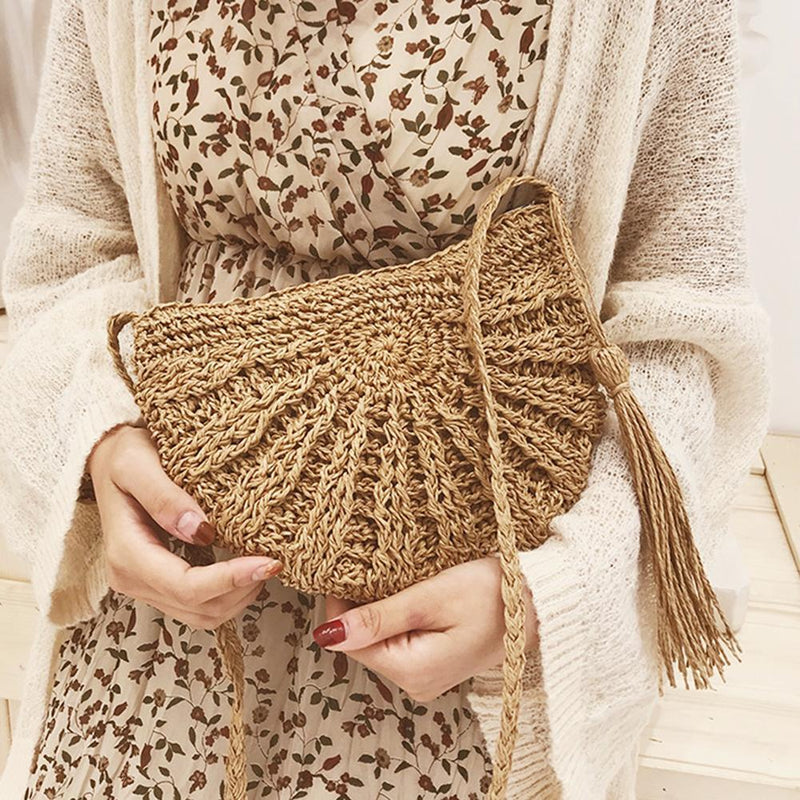 Tassels Beach Messenger Handbag Women Girl Crochet Straw Shoulder Bag/Khaki