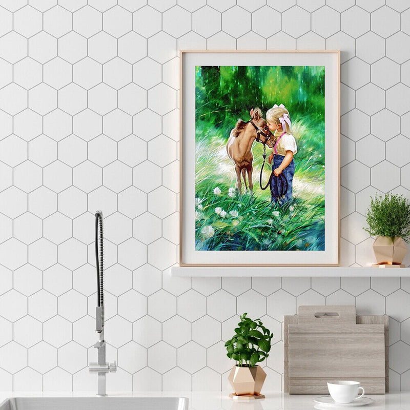 5D Round Diamond Painting Cross Stitch Donkey and Girl Full Drill Home Decor